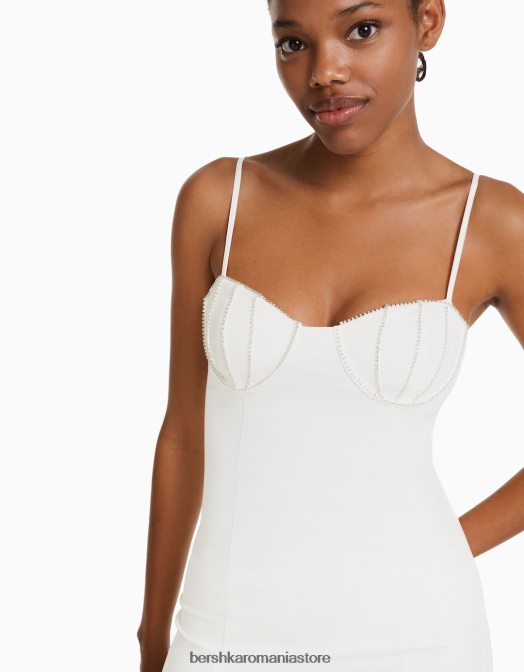 Bershka femei rochie mini cu bretele, cu aplecare și strasuri alb Z86D18 îmbrăcăminte
