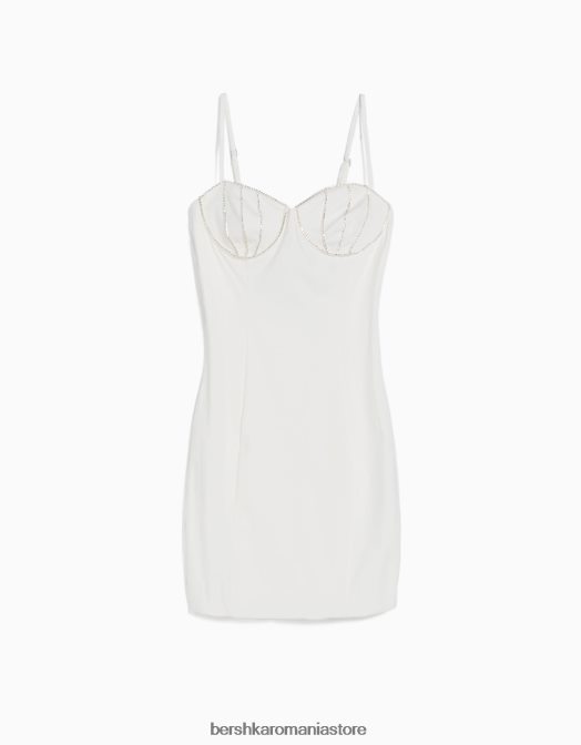 Bershka femei rochie mini cu bretele, cu aplecare și strasuri alb Z86D18 îmbrăcăminte