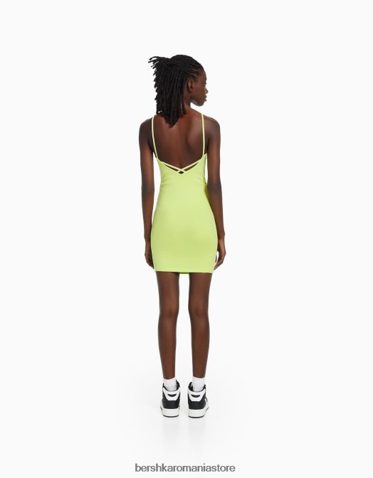 Bershka femei rochie mini cu bretele cu latura strânsă lămâie verde Z86D4075 îmbrăcăminte