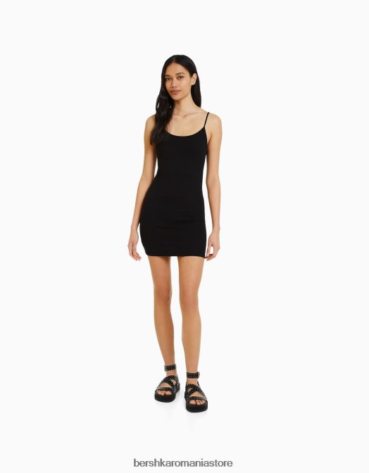 Bershka femei rochie mini cu bretele cu latura strânsă negru Z86D151 îmbrăcăminte