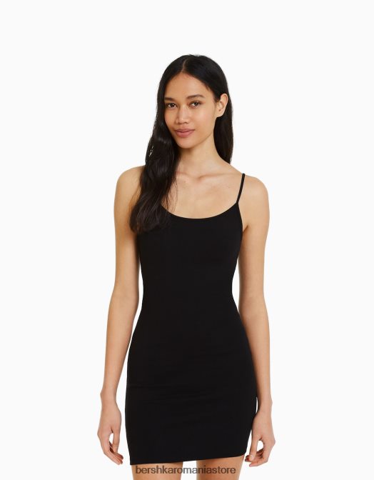 Bershka femei rochie mini cu bretele cu latura strânsă negru Z86D151 îmbrăcăminte