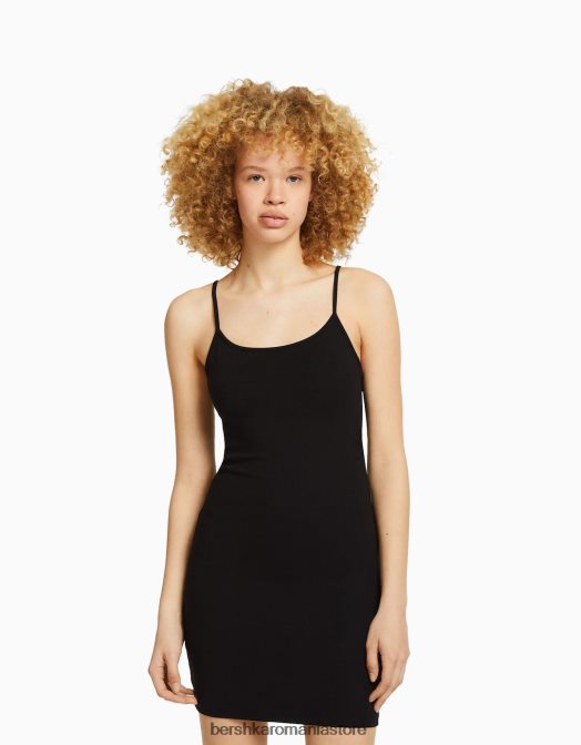 Bershka femei rochie mini cu bretele cu latura strânsă negru Z86D4074 îmbrăcăminte