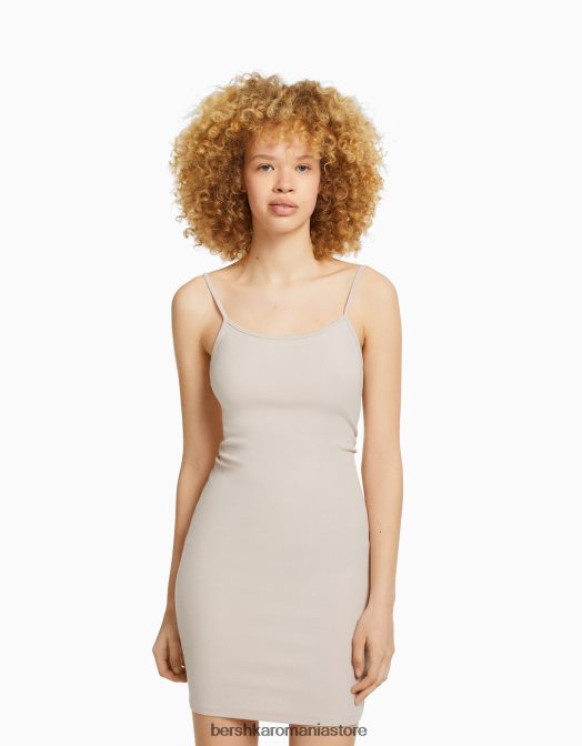 Bershka femei rochie mini cu bretele cu latura strânsă nisip Z86D4073 îmbrăcăminte