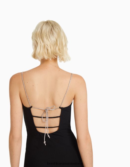 Bershka femei rochie mini cu bretele cu stras, cu siret in coasta negru Z86D133 îmbrăcăminte
