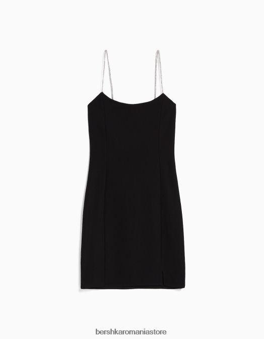 Bershka femei rochie mini cu bretele cu stras, cu siret in coasta negru Z86D133 îmbrăcăminte