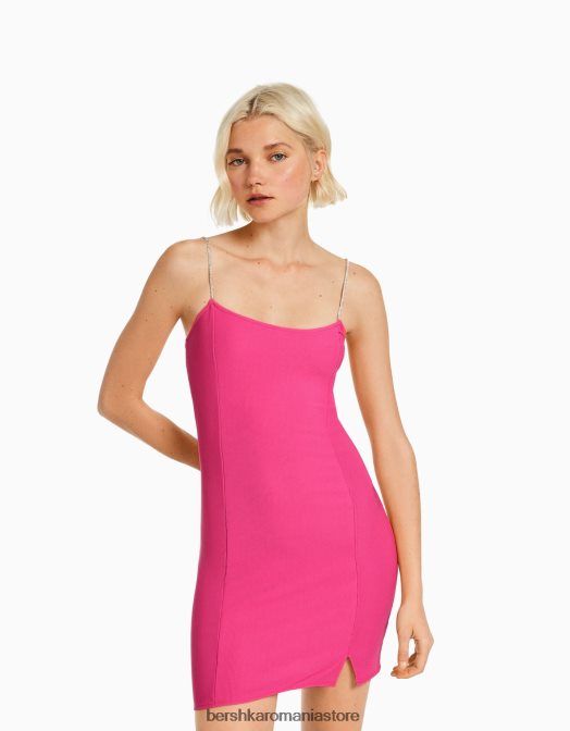 Bershka femei rochie mini cu bretele cu stras, cu siret in coasta roz Z86D134 îmbrăcăminte