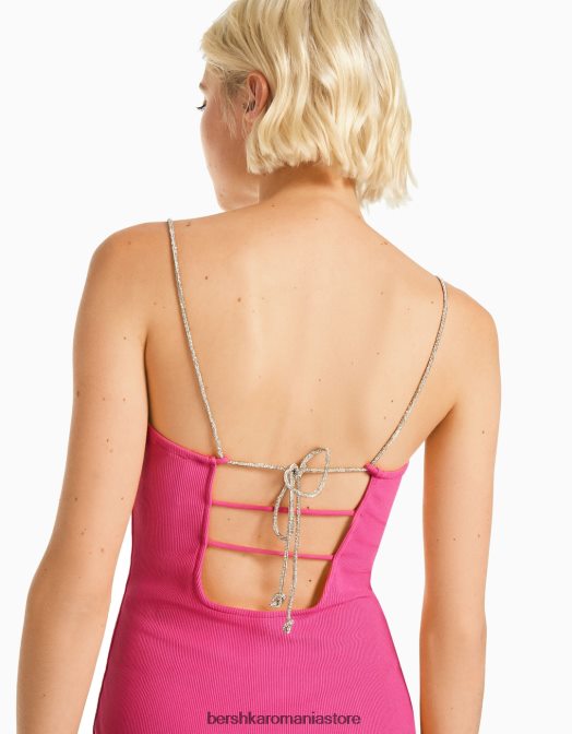 Bershka femei rochie mini cu bretele cu stras, cu siret in coasta roz Z86D134 îmbrăcăminte