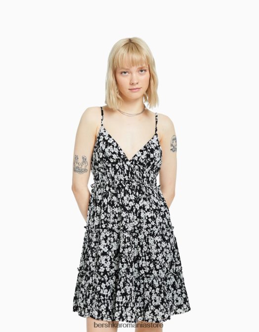 Bershka femei rochie mini cu bretele cu volane alb negru Z86D4089 îmbrăcăminte