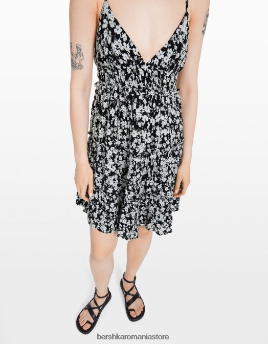 Bershka femei rochie mini cu bretele cu volane alb negru Z86D4089 îmbrăcăminte