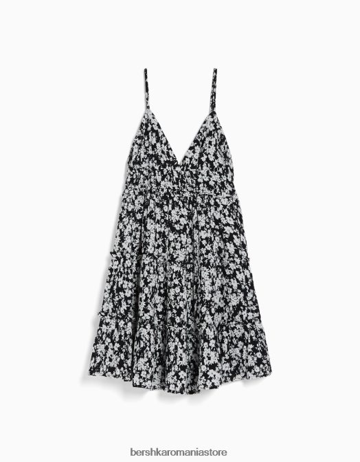 Bershka femei rochie mini cu bretele cu volane alb negru Z86D4089 îmbrăcăminte