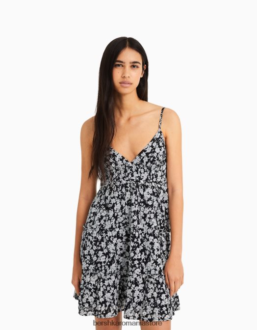 Bershka femei rochie mini cu bretele cu volane alb negru Z86D81 îmbrăcăminte