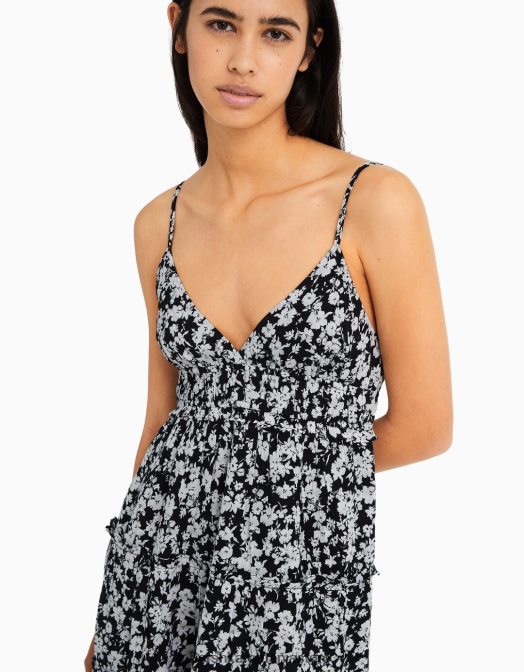 Bershka femei rochie mini cu bretele cu volane alb negru Z86D81 îmbrăcăminte