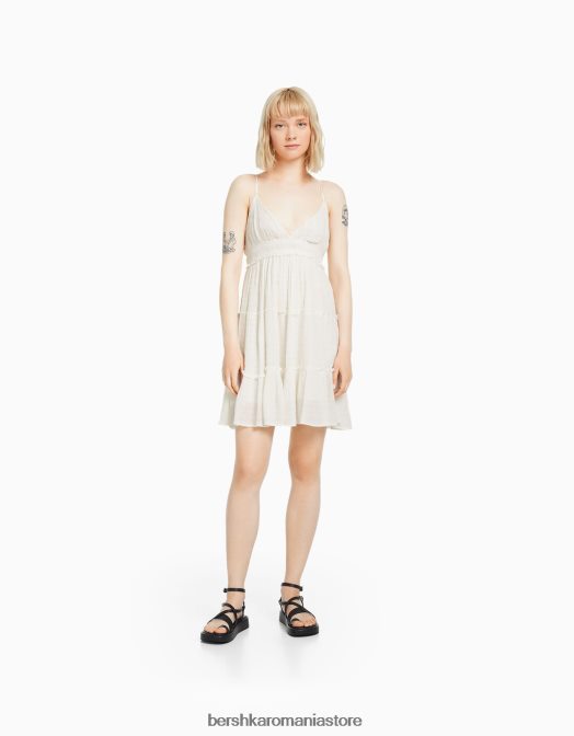 Bershka femei rochie mini cu bretele cu volane cremă Z86D4091 îmbrăcăminte