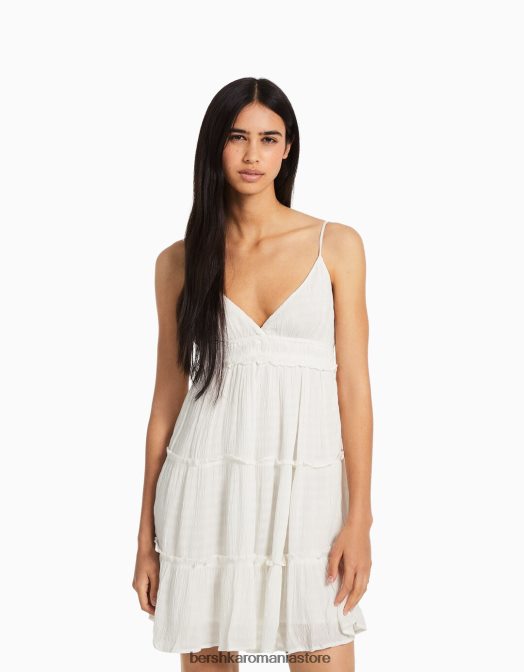 Bershka femei rochie mini cu bretele cu volane cremă Z86D80 îmbrăcăminte