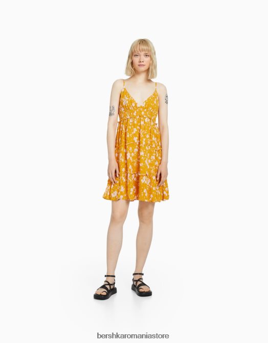 Bershka femei rochie mini cu bretele cu volane muştar Z86D4090 îmbrăcăminte