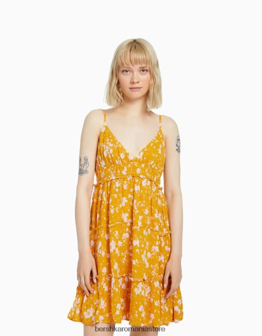 Bershka femei rochie mini cu bretele cu volane muştar Z86D4090 îmbrăcăminte