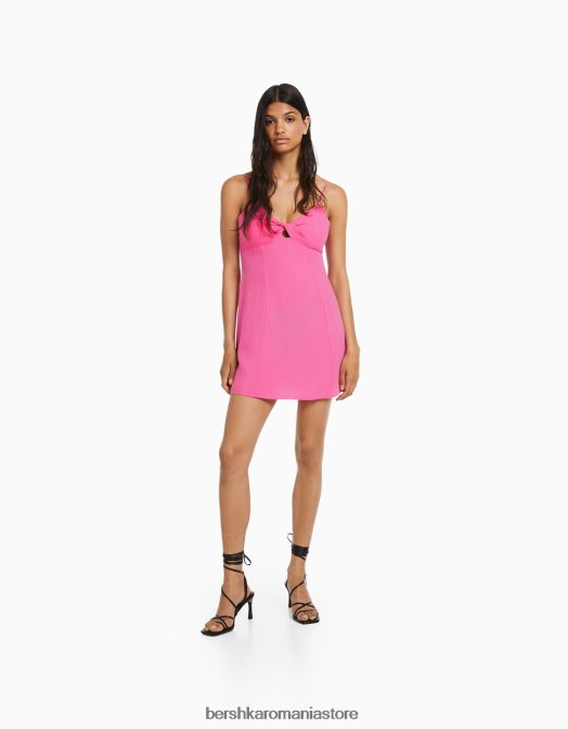 Bershka femei rochie mini cu bretele din amestec de in, cu nod fucsie Z86D72 îmbrăcăminte