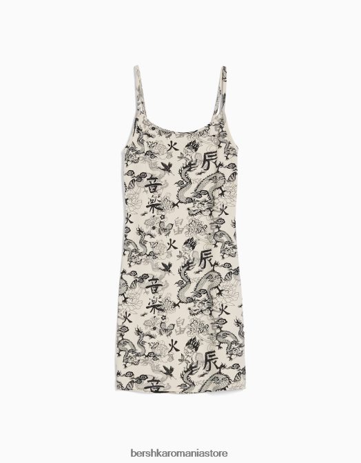 Bershka femei rochie mini cu bretele imprimate cu nervuri cremă Z86D11 îmbrăcăminte