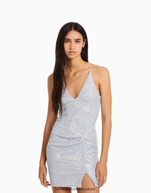 Bershka femei rochie mini cu bretele lucioase argint Z86D38 îmbrăcăminte