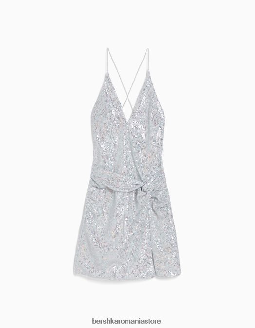 Bershka femei rochie mini cu bretele lucioase argint Z86D38 îmbrăcăminte