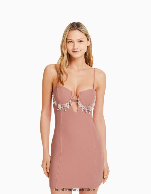 Bershka femei rochie mini cu bretele montate, cu detalii de perle artificiale roz Z86D222 îmbrăcăminte