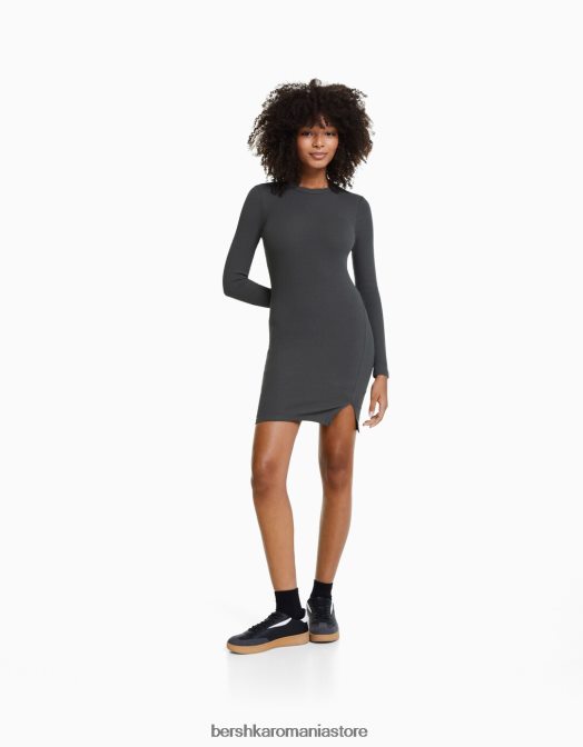 Bershka femei rochie mini cu coaste cu maneca lunga gri Z86D236 îmbrăcăminte