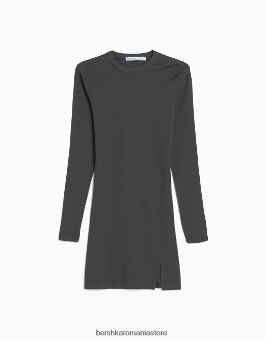 Bershka femei rochie mini cu coaste cu maneca lunga gri Z86D236 îmbrăcăminte