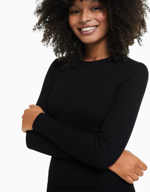 Bershka femei rochie mini cu coaste cu maneca lunga negru Z86D234 îmbrăcăminte