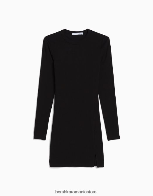 Bershka femei rochie mini cu coaste cu maneca lunga negru Z86D234 îmbrăcăminte