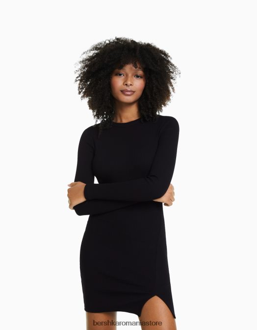 Bershka femei rochie mini cu coaste cu maneca lunga negru Z86D237 îmbrăcăminte