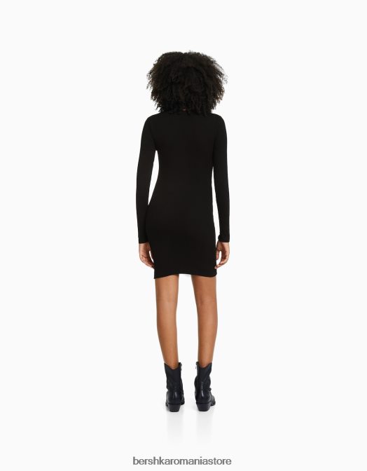 Bershka femei rochie mini cu coaste cu maneca lunga negru Z86D237 îmbrăcăminte