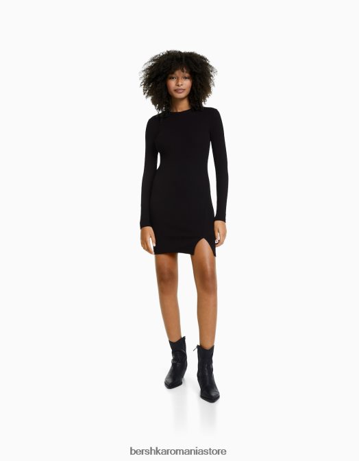 Bershka femei rochie mini cu coaste cu maneca lunga negru Z86D237 îmbrăcăminte