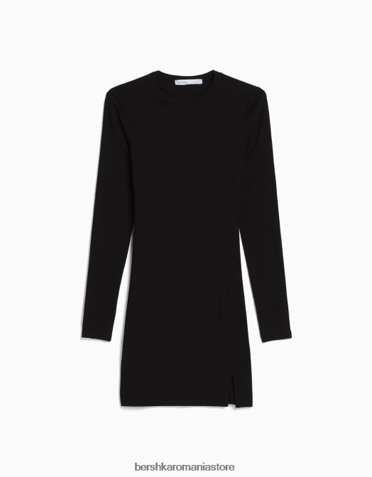 Bershka femei rochie mini cu coaste cu maneca lunga negru Z86D237 îmbrăcăminte