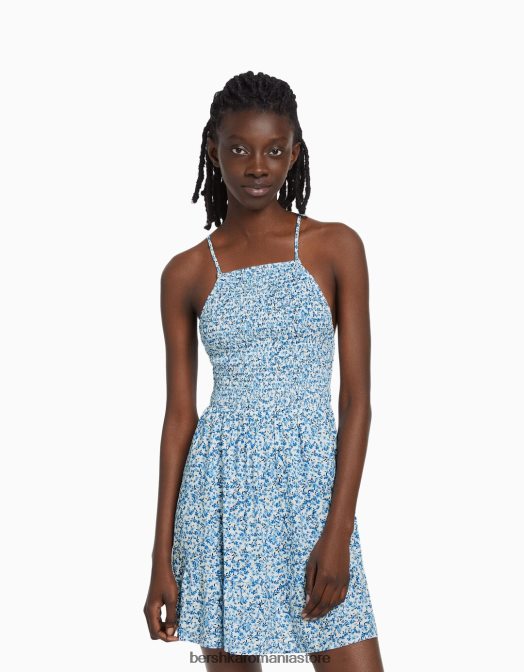 Bershka femei rochie mini cu decolteu cu imprimeu albastru Z86D270 îmbrăcăminte