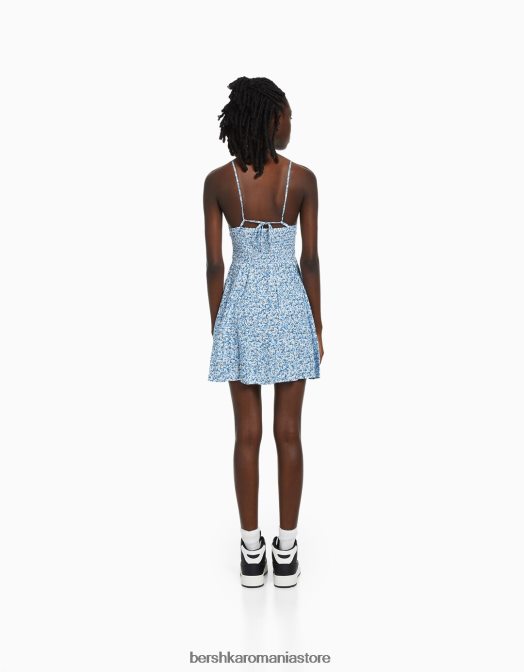 Bershka femei rochie mini cu decolteu cu imprimeu albastru Z86D270 îmbrăcăminte