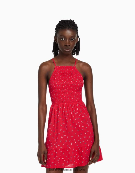 Bershka femei rochie mini cu decolteu cu imprimeu roșu Z86D271 îmbrăcăminte