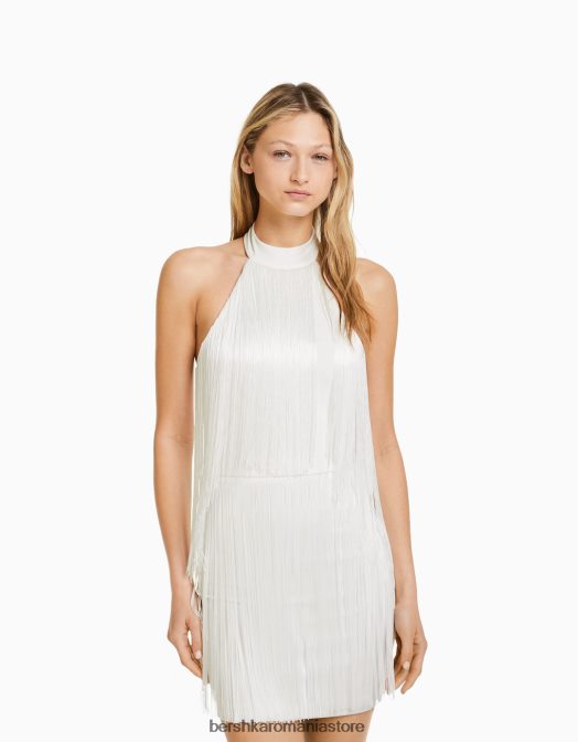 Bershka femei rochie mini cu decolteu halter cu franjuri cremă Z86D277 îmbrăcăminte