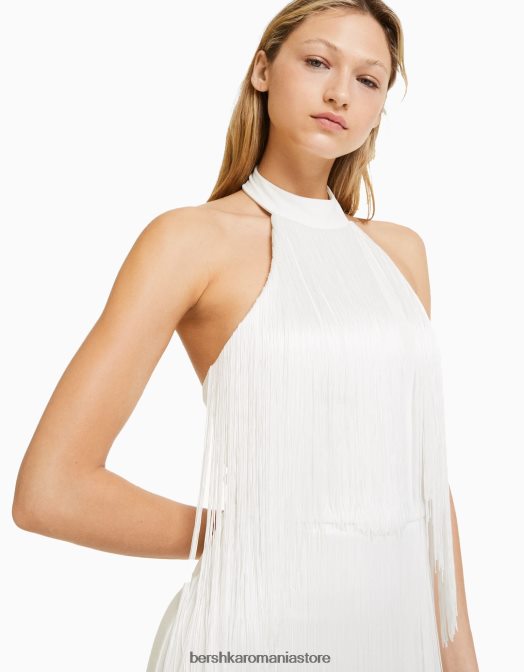 Bershka femei rochie mini cu decolteu halter cu franjuri cremă Z86D277 îmbrăcăminte