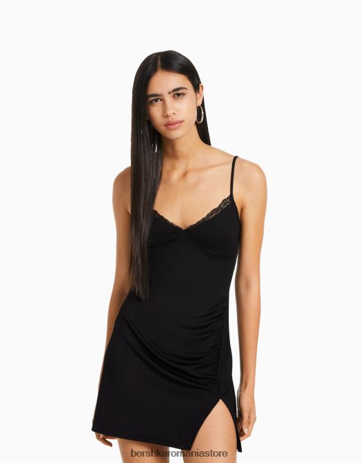 Bershka femei rochie mini cu detaliu din dantela negru Z86D114 îmbrăcăminte