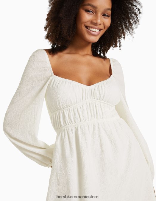 Bershka femei rochie mini cu mânecă lungă din țesătură texturată cremă Z86D224 îmbrăcăminte