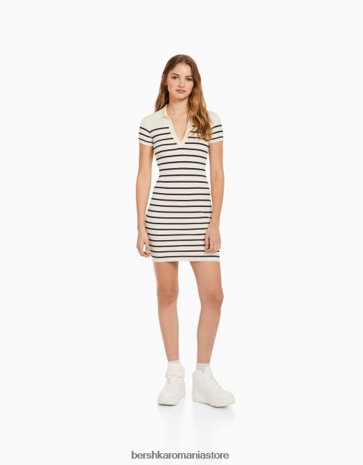 Bershka femei rochie mini cu mânecă scurtă cu guler polo cremă Z86D266 îmbrăcăminte