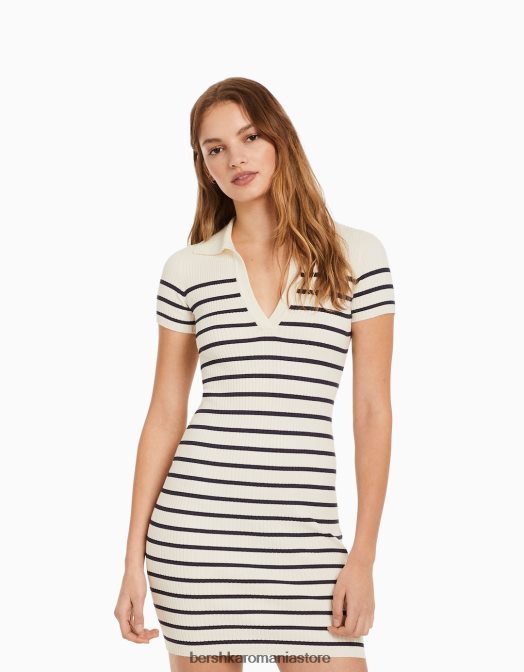 Bershka femei rochie mini cu mânecă scurtă cu guler polo cremă Z86D266 îmbrăcăminte