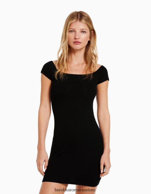 Bershka femei rochie mini cu mânecă scurtă, fără umeri negru Z86D206 îmbrăcăminte