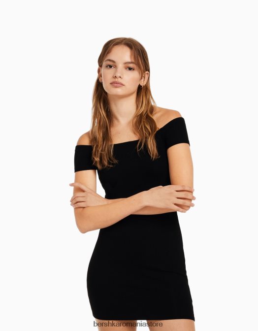 Bershka femei rochie mini cu mânecă scurtă, fără umeri negru Z86D4070 îmbrăcăminte