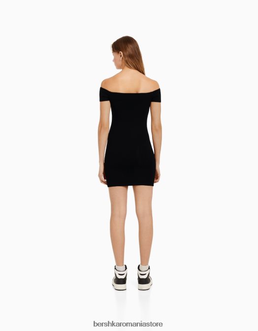 Bershka femei rochie mini cu mânecă scurtă, fără umeri negru Z86D4070 îmbrăcăminte