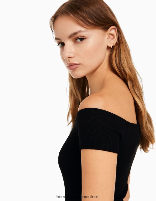 Bershka femei rochie mini cu mânecă scurtă, fără umeri negru Z86D4070 îmbrăcăminte