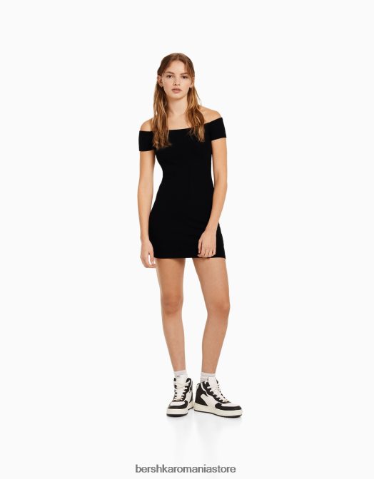 Bershka femei rochie mini cu mânecă scurtă, fără umeri negru Z86D4070 îmbrăcăminte