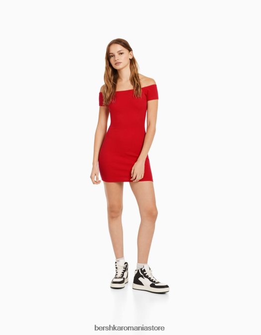 Bershka femei rochie mini cu mânecă scurtă, fără umeri roșu Z86D4068 îmbrăcăminte