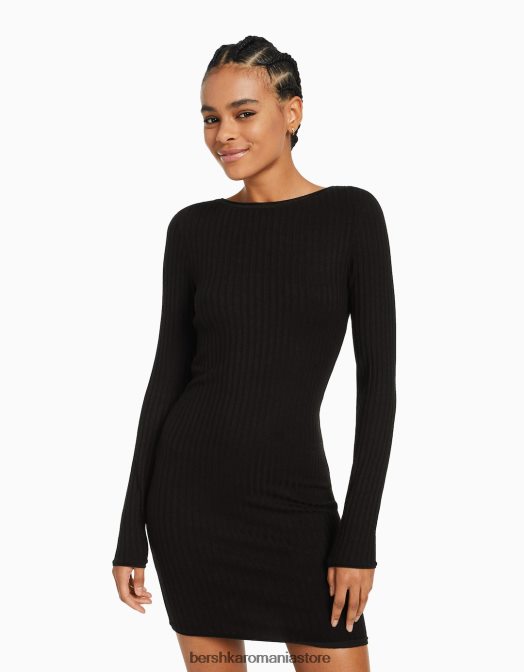 Bershka femei rochie mini cu mâneci lungi cu nervuri negru Z86D284 îmbrăcăminte
