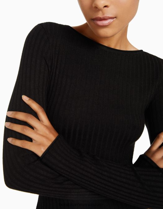 Bershka femei rochie mini cu mâneci lungi cu nervuri negru Z86D284 îmbrăcăminte